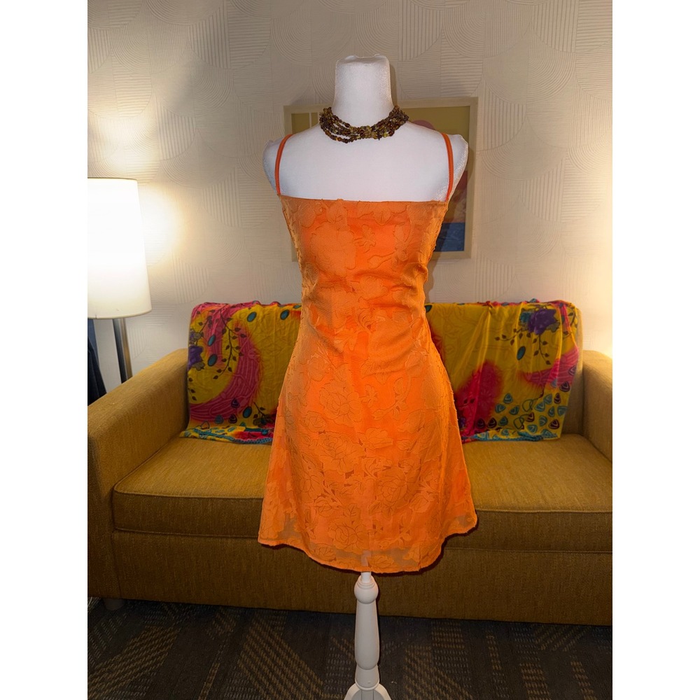 Orange Floral Burnout Mini Dress Lace Up Back Spaghetti Strap Summer Party